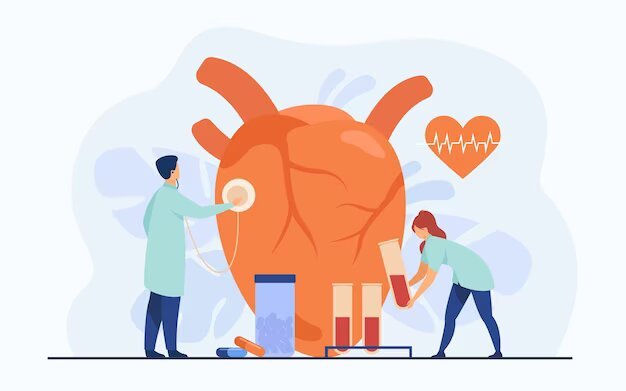 cardiologists-examining-heart-with-stethoscope-blood-samples-lab-tubes-among-pills-heartbeat-diagram-vector-illustration-cardiology-medical-examination-heart-disease-concept_74855-9817